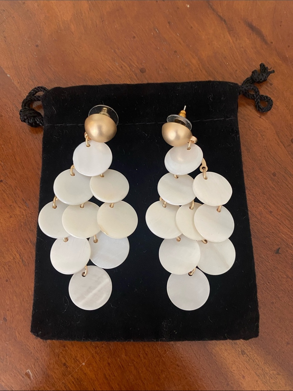 Camila Coelho Mother of Pearl Dangle Chandelier Earrings Gold Tone Statement